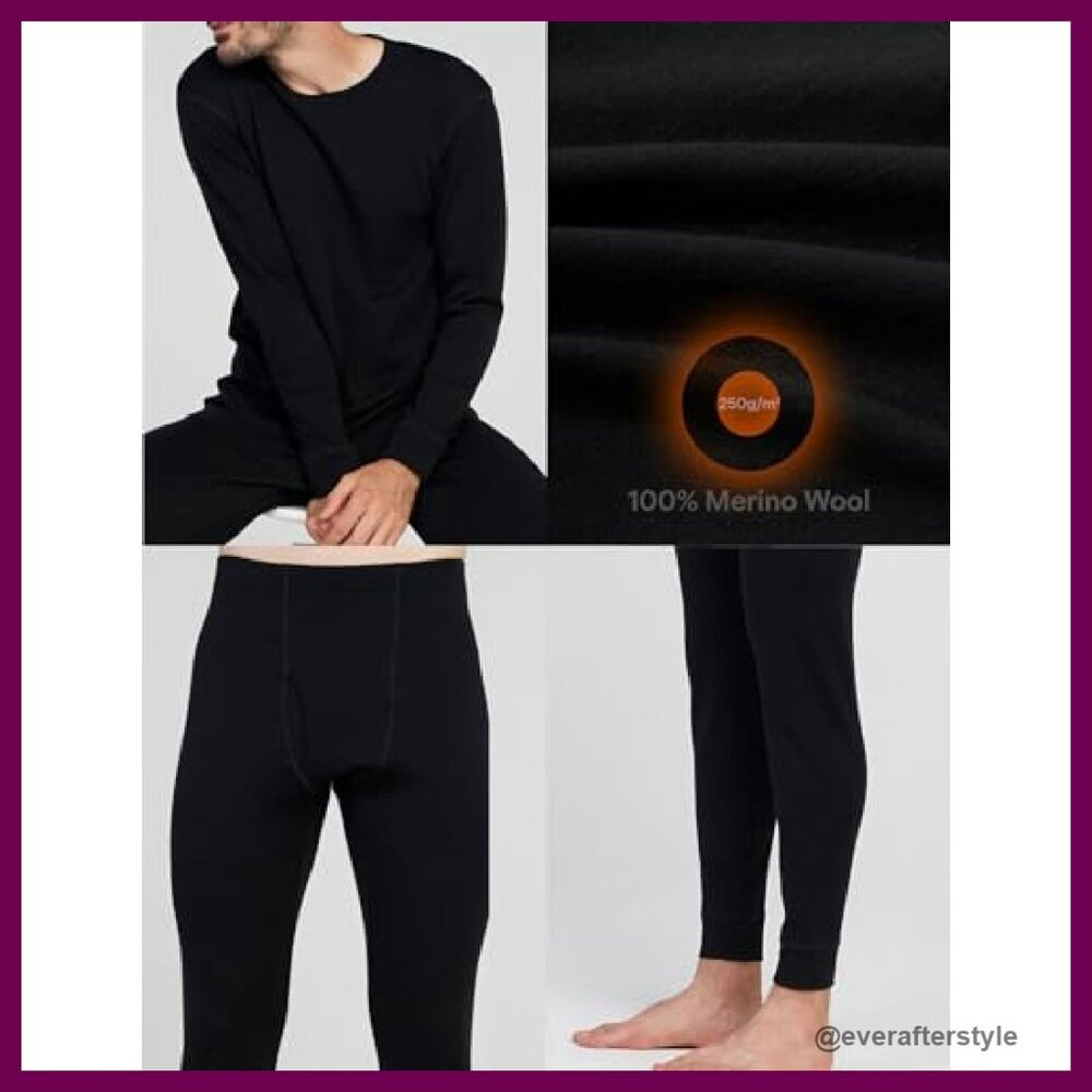 Men's Merino Wool Thermal Underwear Set Lightweight Midweight Base Layer - Picture 5 of 8